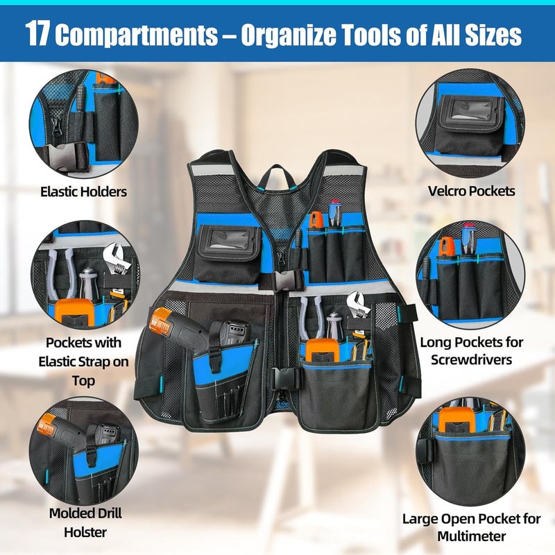 TooCust Tool Vest, Electrician Tool Vest with Drill Holster, 17 Compartments, Reflective Workwear with Tool Pockets, Adjustable Waist & Upgraded Comfortable Neck Opening (Blue) - Image 3